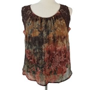 Dressbarn Brown Rust Tan Sheer Overlay Crochet Trim Vintage Top Size PXL